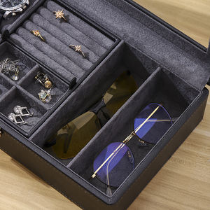 Kotak Perhiasan Mewah 4 Jam Tangan 2 Kacamata Kulit PU Hitam Interior Abu-abu Tempat Penyimpanan dan Pajangan - Product Image 3