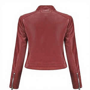 Blouson moto en cuir PU rouge, coupe ajustée, col montant, fermeture éclair, couleur unie, style automne, unisexe, longueur courte - Product Image 2