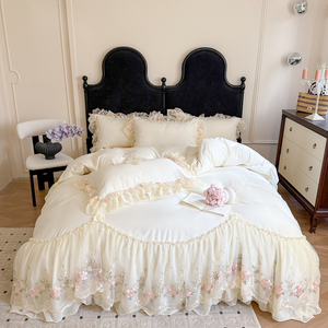 Parure de lit en coton style princesse coréenne 4 pièces avec broderie et dentelle, housse de couette, drap plat et drap-housse pour usage domestique - Product Image 5