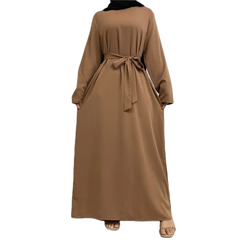 Rắn Màu Hồi Giáo Phụ Nữ Cơ Bản Abaya Cao Cấp Nida Bên Trong Ăn Mặc Mỏng Dài Tay Áo Đóng Abayas Với Túi Bên