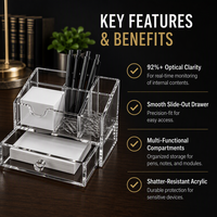 Organisateur de bureau en acrylique transparent OEM personnalisé avec tiroir coulissant, porte-stylos, plateau à papier, rangement pour fournitures de bureau