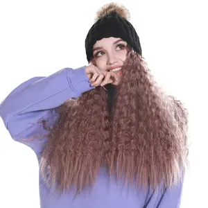 Touca de inverno, gorro de cabelo encaracolado com cabelo natural, castanho, longo, sintético, para preto mulheres