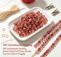 Perles en verre rondes de 8 mm en vrac, motif floral écrasé, feuille d'or, incrustées de paillettes dorées, pour bracelet et collier DIY