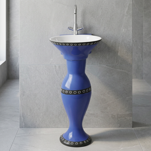 Vasque sur pied en céramique aspect marbre noir Marquina, style pierre décorative pour salle de bain - Product Image 3