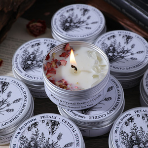 Natural Soy Wax Tin Scented Candle With Crystal Stones <b>Dried</b> <b>Petals</b> Multi Scent For Home Decor Gift - Product Image 4