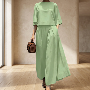 Ensemble 2 pièces pour femmes, vert uni, col rond, manches longues, pantalon large à jambes courtes, coupe régulière, décontracté, printemps-été, 100% polyester, vintage - Product Image 4