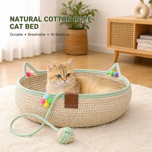<span class=keywords><strong>Cama</strong></span> para Gatos de Ratán Ecológica, Cesta de Dormir Grande Tejida para Mascotas, Resistente a los Arañazos, Transpirable, para Todas las Estaciones, con Cojín - Product Image 1