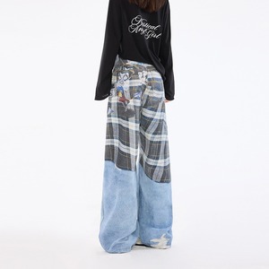 Vaqueros de Pierna Ancha Estilo Americano <span class=keywords><strong>para</strong></span> <span class=keywords><strong>Mujer</strong></span> y Niña, Otoño, Pantalones Rectos Holgados de Cintura Alta con Parches a Cuadros y Bloques de Color - Product Image 3