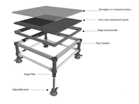 Plateforme de scène portable avec garde-corps de sécurité, jupe de scène noire et escalier d'accès pour concerts, événements et expositions