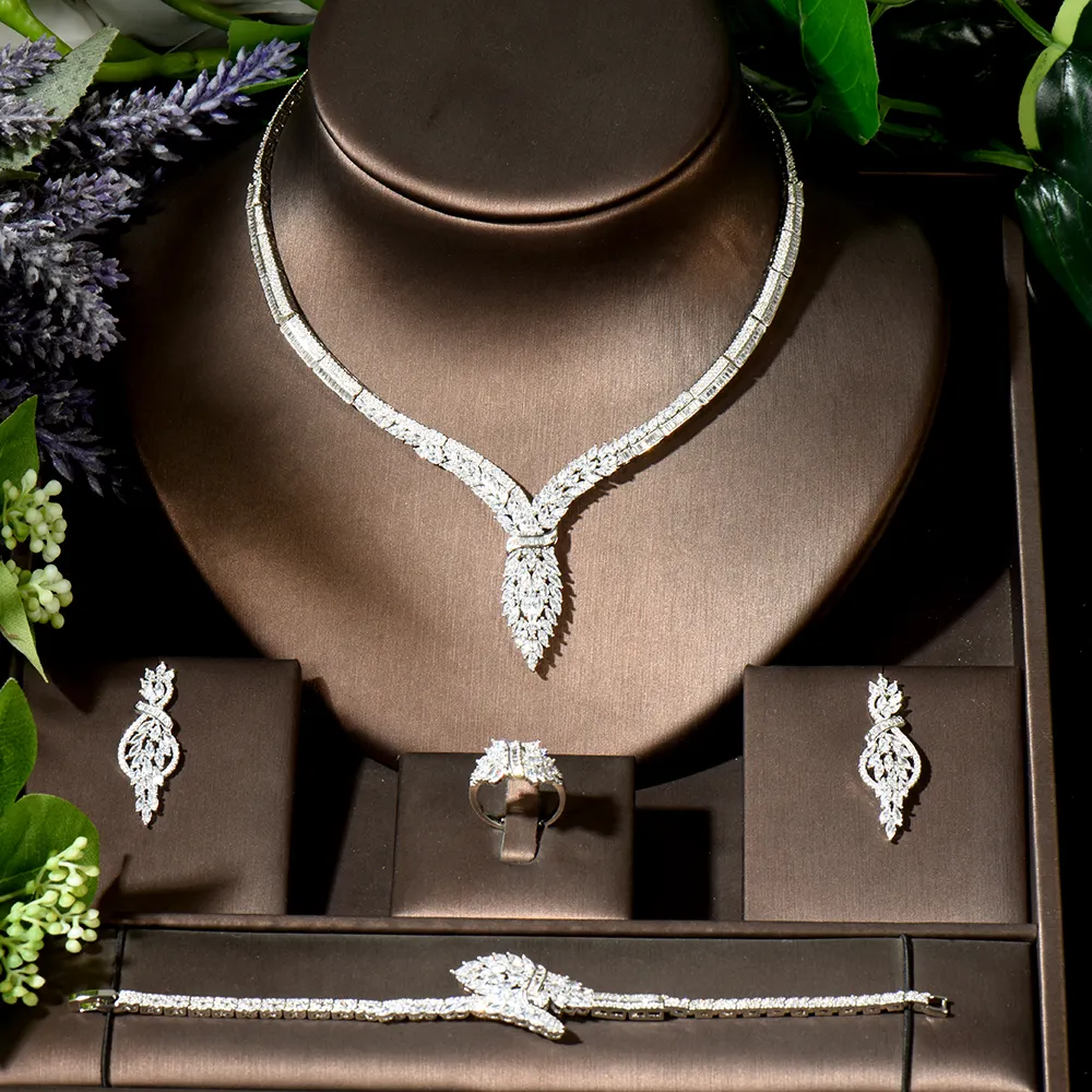 4PCS CZ Luxury African Jewelry Set For Women Wedding Party Zircon Crystal Indian Neckalce