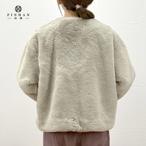 Otoño Invierno suelta ajuste joven dama terciopelo bolsillo visón abrigo de piel gris claro mujer Chaqueta corta de piel peluda con botones - Product Image 3