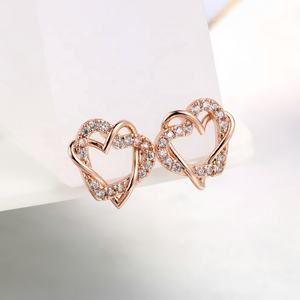 गर्म बिक्री गुलाब सोने का रंग डबल दिल आकार क्यूबिक जिरकोनिया पेल्ड बालियां महिलाओं के फैशन प्रेम गहने उपहार - Product Image 5