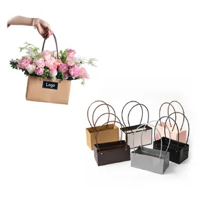 사용자 정의 로고 종이 선물 가방 꽃 종이 포장 갈색 크래프트 종이 방수 꽃다발 가방 꽃 가방 핸들 도매