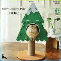 Lit-cave pour chat en feutre multicouche Cèdre et Pin Montagne enneigée avec griffoir en sisal, base stable, arbre à chat combiné pour jeu et sommeil en intérieur