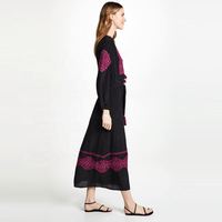 Robe mi-longue bohème noire décontractée manches 3/4 Smock devant Wrap tissu crêpe brodé grande taille a-ligne avec taille naturelle