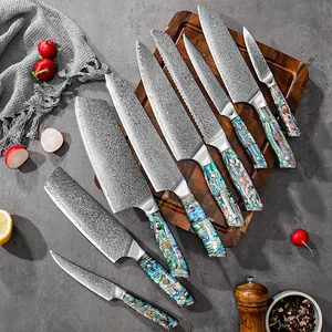 Produsen penjualan langsung Shell Handle Damaskus baja Set pisau dapur roti koki Set pisau