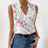 Nouvelle Chemise d'Été pour Femme à Col V Motif Floral Vintage et Gilet