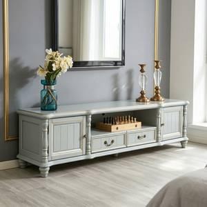 Elegant Gold Trim Solid Wood TV Console 2 Door 2 Drawer <b>Open</b> Storage Turned Leg Media Stand Farmhouse Bedroom Living Room TVs - Product Image 1