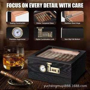 Wooden Cigar Box <b>Set</b> <b>Square</b> Humidor With Thermometer Moisture Proof Storage Case For Cigars - Product Image 3