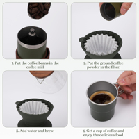 Mini kit de café pour infusion manuelle 5 pièces en acier inoxydable, avec filtre et moulin à café manuel, pour l'extérieur