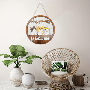 Circular Wooden Wall Sign With Cats Happiness Welcome <b>Home</b> <b>Decoration</b> <b>Rustic</b> Style - Product Image 4