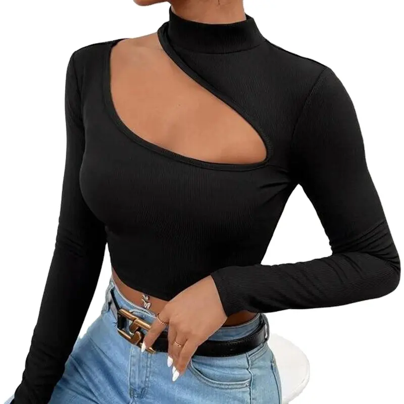 Fashion Ladies Summer Streetwear Clothing Women Trending Hollow Long Sleeve White Cut Out Crop Top