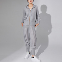 Ensemble de survêtement Miyake Solid Ankle Hoodie pour femme, ensemble décontracté deux pièces avec pantalon plissé et veste zippée, respectueux de l'environnement