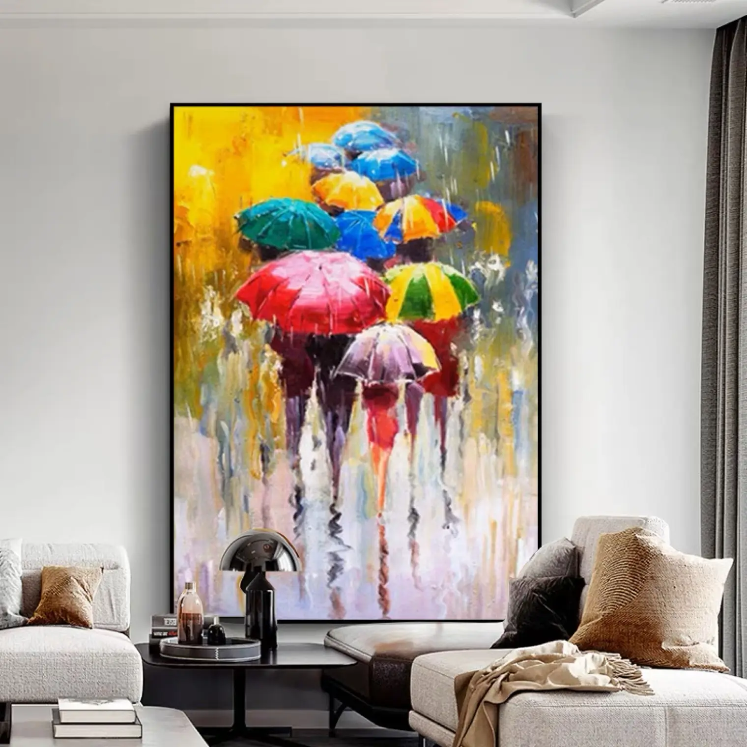 Moderna astratta colorata pioggia paesaggio persone con ombrello tela pittura a olio per la decorazione della parete di casa