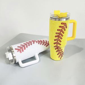 Vaso térmico de viaje con diseño de béisbol y diamantes de imitación, con pajita, a la moda - Product Image 5