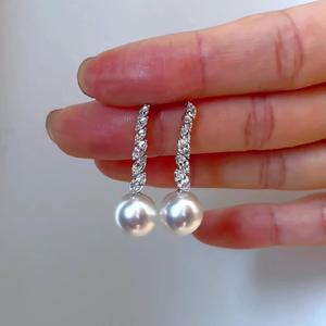 S925 Pure Silver Retro Japanese Style Diamond Studded <b>Pearl</b> Tassel <b>Dangle</b> <b>Earrings</b> Exquisite Luxurious Niche Design - Product Image 2