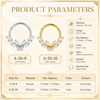 Anneau de septum articulé élégant en titane ASTM F136 avec zircone cubique marquise, 8mm 10mm, pour piercing hélix vertical et anneaux de nez pour femmes