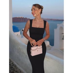 Abito lungo da donna per invitati a matrimoni estivi, senza maniche, scollo quadrato, arricciato, aderente, elegante, da cocktail, in rete trasparente - Product Image 5