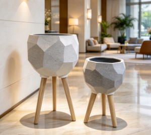 Pot de fleurs en béton géométrique moderne avec pieds en bois, jardinière d'intérieur pour plantes vertes, design minimaliste, lot de 2 - Product Image 3