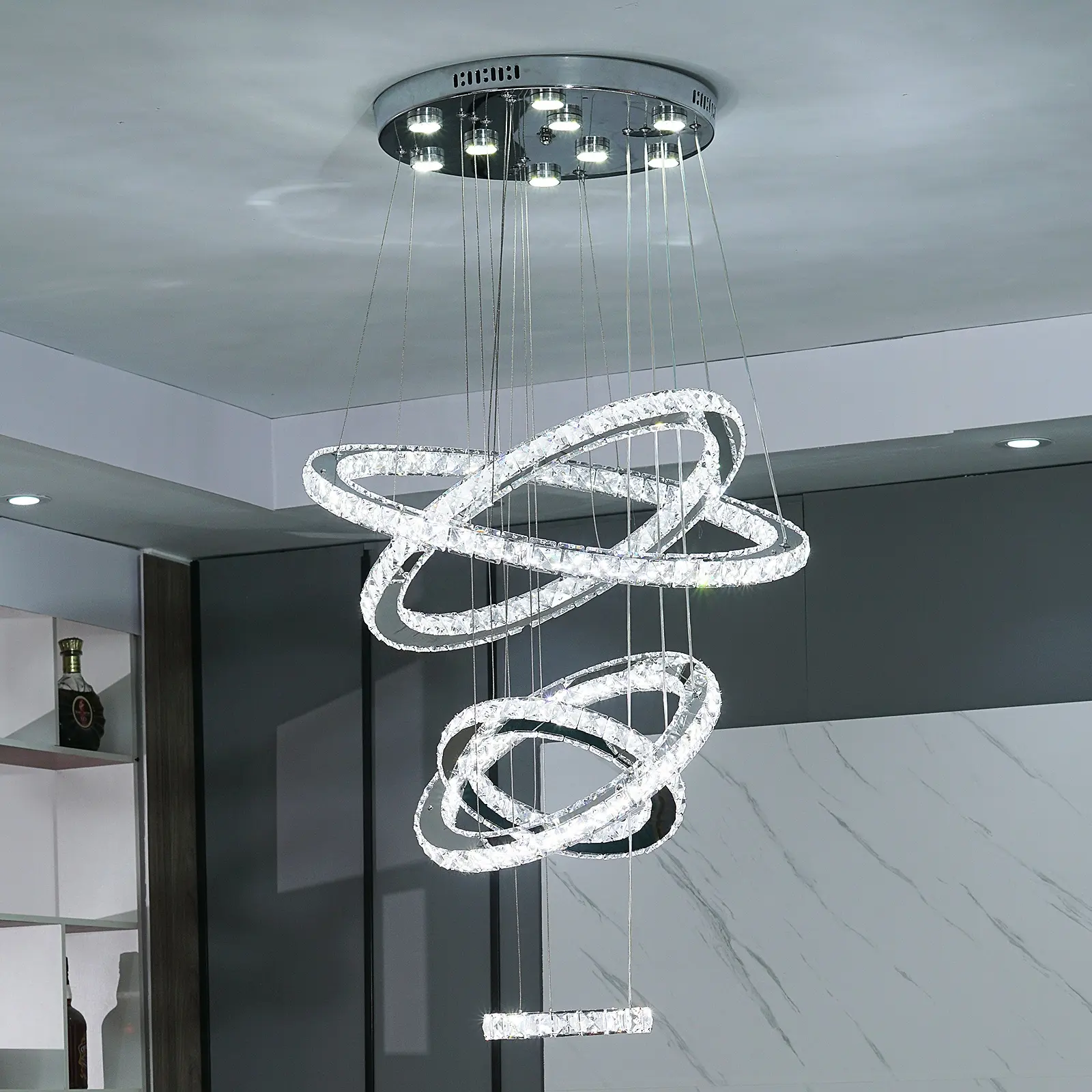 Stair Hanging Long Drop Light Crystal Pendant Lights Round Staircase Chandelier