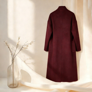 Женское роскошное пальто оверсайз из двусторонней шерсти с эффектом мягкого прикосновения, бордовое, удлиненное, с воротником-стойкой и декоративными пуговицами, осеннее - Product Image 2