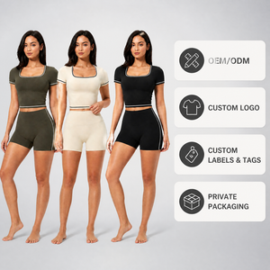 Women's Solid Square Neck Short Sleeve <b>Crop</b> <b>Top</b> High Waist Yoga Shorts 2-Piece Set Contrast Piping Four-Way Stretch - Product Image 4