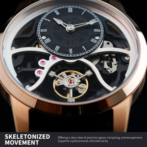 OEM Custom Luxury Mechanical Skeleton <b>Watch</b> Rose Gold <b>Case</b> Black Leather Band Off-Center Dial Balance Wheel Wristwatch for Men - Product Image 3