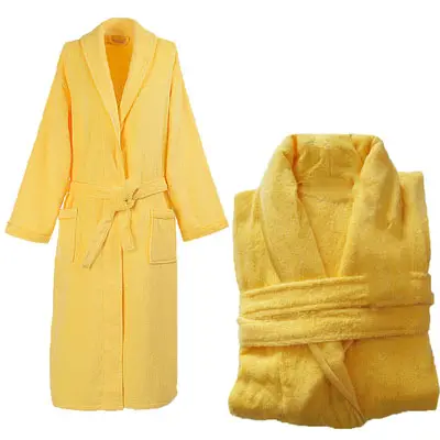 เสื้อคลุมอาบน้ำสปาผ้าฝ้าย 100 ผ้าฝ้ายเทอร์รี่สีเหลืองเสื่อคลุมอาบน้ำสำหรับเซ็กซี่เลดี้