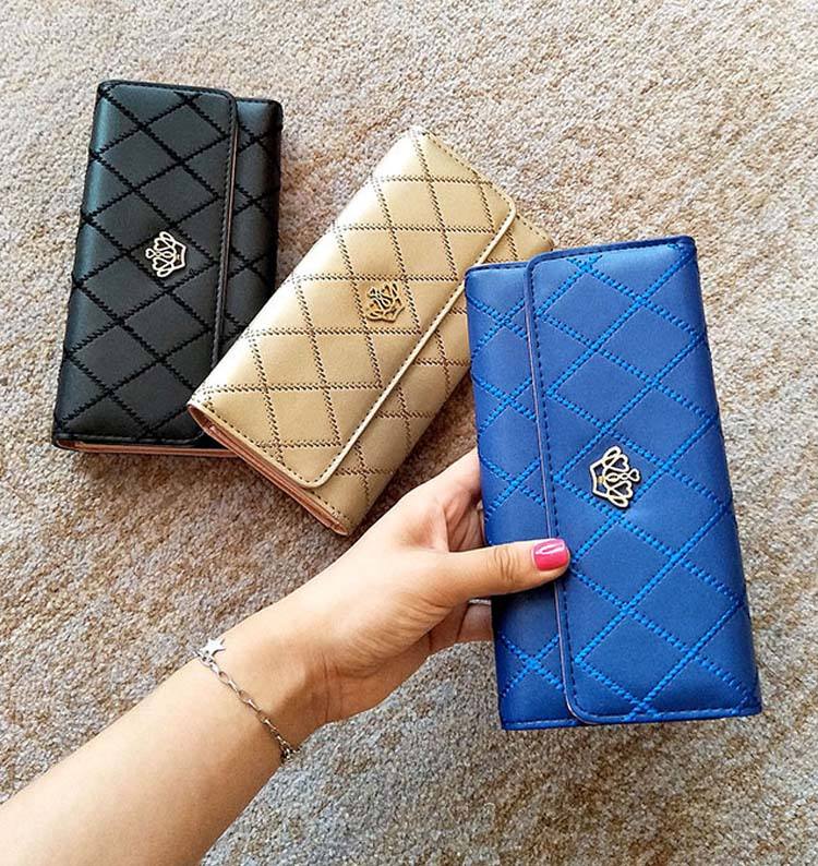 Crown Lady Flip Long Purse with Huge Capacity Metal Button Women