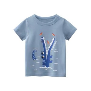 T-shirt d'été pour garçons, imprimé animaux de dessin animé, à manches courtes, en tissu tissé compressé délavé, couleurs contrastées, tendance - Product Image 3