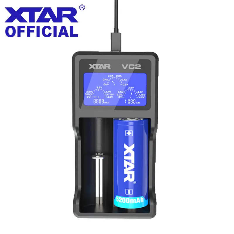 Xtar VC2 2 Slots USB Cylindrical 18650 Li-Ion Battery Charger for Rechargeable Battery 18650 21700 26650 Lithium ion Charger