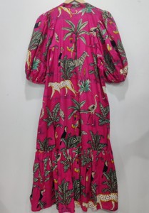 Thanh Lịch Đầu Gối Chiều Dài Ăn Mặc Cho Phụ Nữ Puffy Hàn Quốc Tay Mô Hình Mở Phía Trước Với Nút Gần Gẫm Hợp Thời Trang Flare Thiết Kế Ở Phía Dưới - Product Image 4