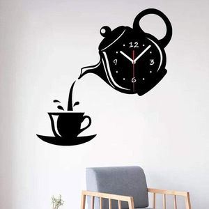 Horloge murale créative 3D en acrylique en forme de tasse à café et théière, horloge numérique DIY, autocollant mural, décoration pour cuisine, salon, salle à manger - Product Image 4