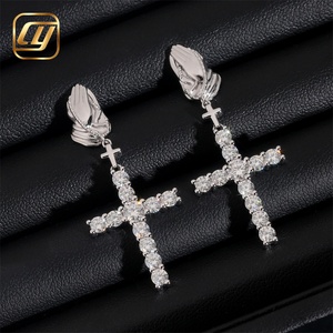 Boucles d'oreilles pendantes en argent S925 avec moissanite, motif mains en prière et croix, style Hip Hop, bijoux sertis de diamants pour hommes et femmes - Product Image 2