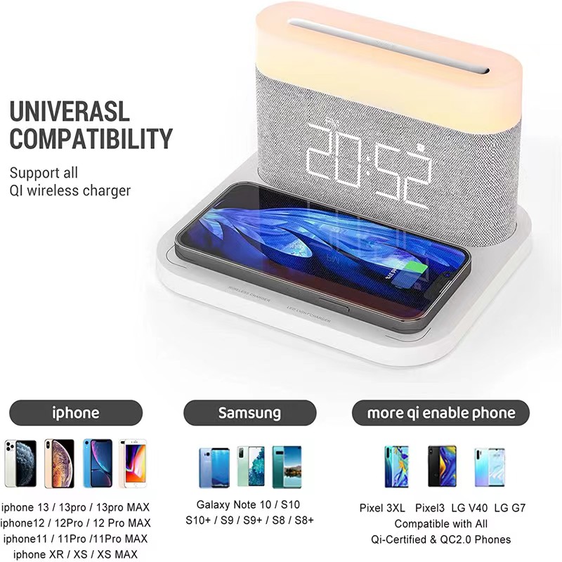 2023 New Tech Desk Bedside 15w Qi Fast Charging 3 in One Digital Alarm Clock Wireless Charger Lamp