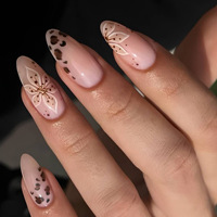 Faux ongles à presser Amande Automne, brun foncé, motif écaille de tortue, imprimé léopard, bord doré, réutilisables, pour manucure d'automne