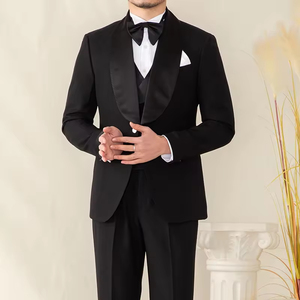 Costume pour homme d'affaires 3 pièces en satin noir revers châle simple boutonnage mince costume de mariage costume de <span class=keywords><strong>smoking</strong></span> pour homme - Product Image 2