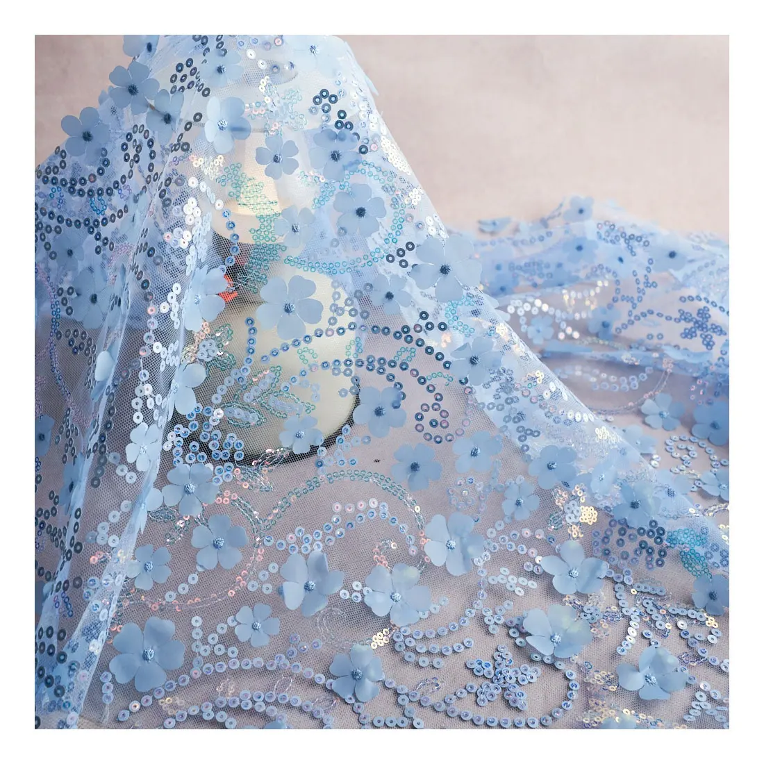 Fashion Hot Sell 4mm 3D Blue Color Sparkle Sequin Tulle Net Mesh Embroidery Lace Flower Fabric For Wedding Dess