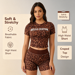 Conjunto de <span class=keywords><strong>2</strong></span> Piezas Personalizado con Estampado de Leopardo Marrón, Top Corto con Letras y Pantalones Cortos Deportivos, Elástico, Estilo Y2K, Casual, para Verano, Uso Diario - Product Image 2