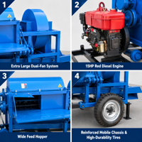 Batteuse multi-cultures mobile à moteur diesel avec double ventilateur de grande taille et tamis vibrant pour le battage des céréales agricoles